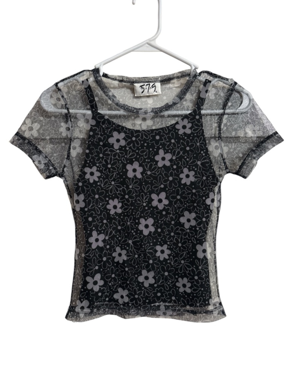 2-piece Black Floral Mesh Layered Short Sleeve Top w/Tank Top by 579